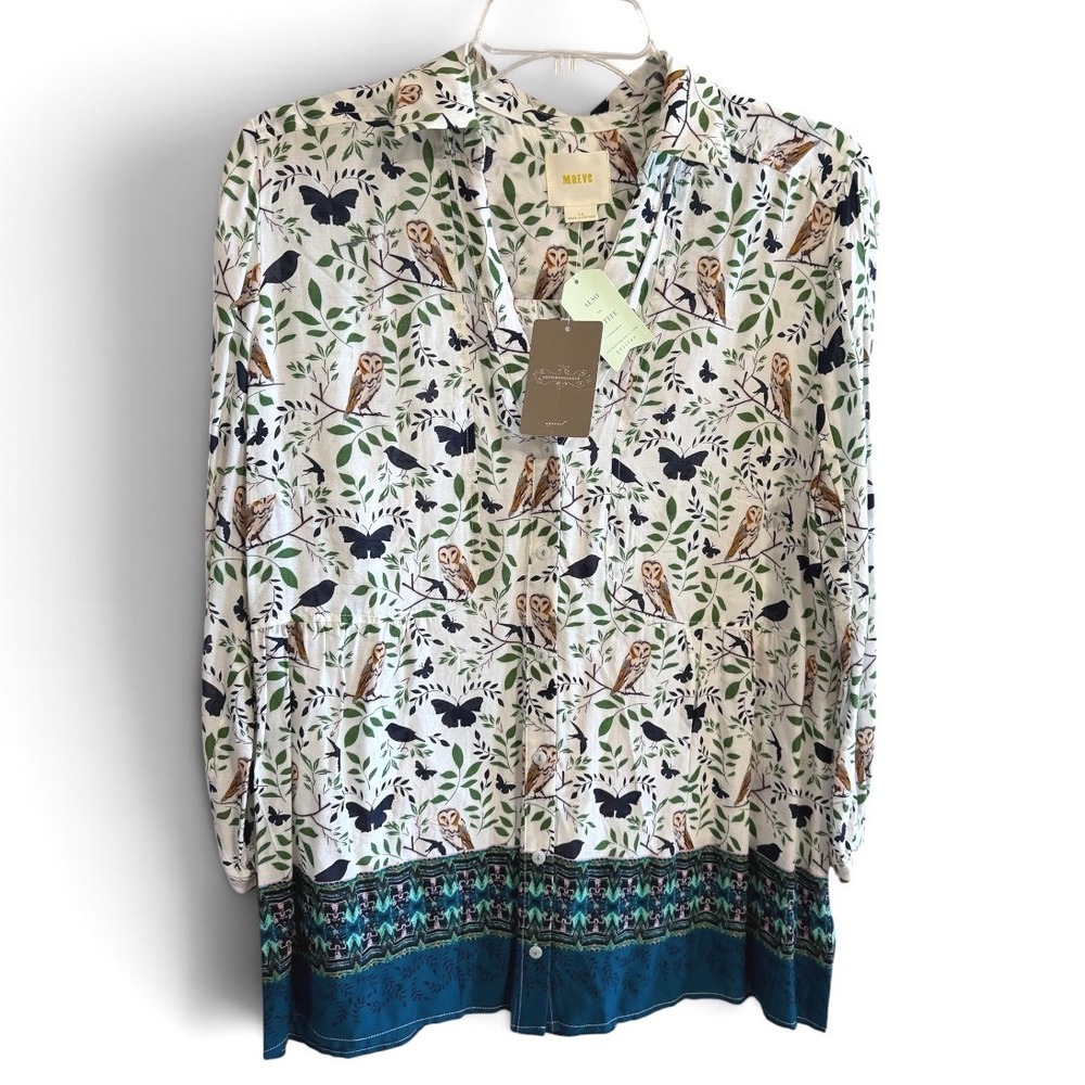 Maeve Anthropologie Owl Bird Tunic Women 14 White Woodland Print Button Down Top